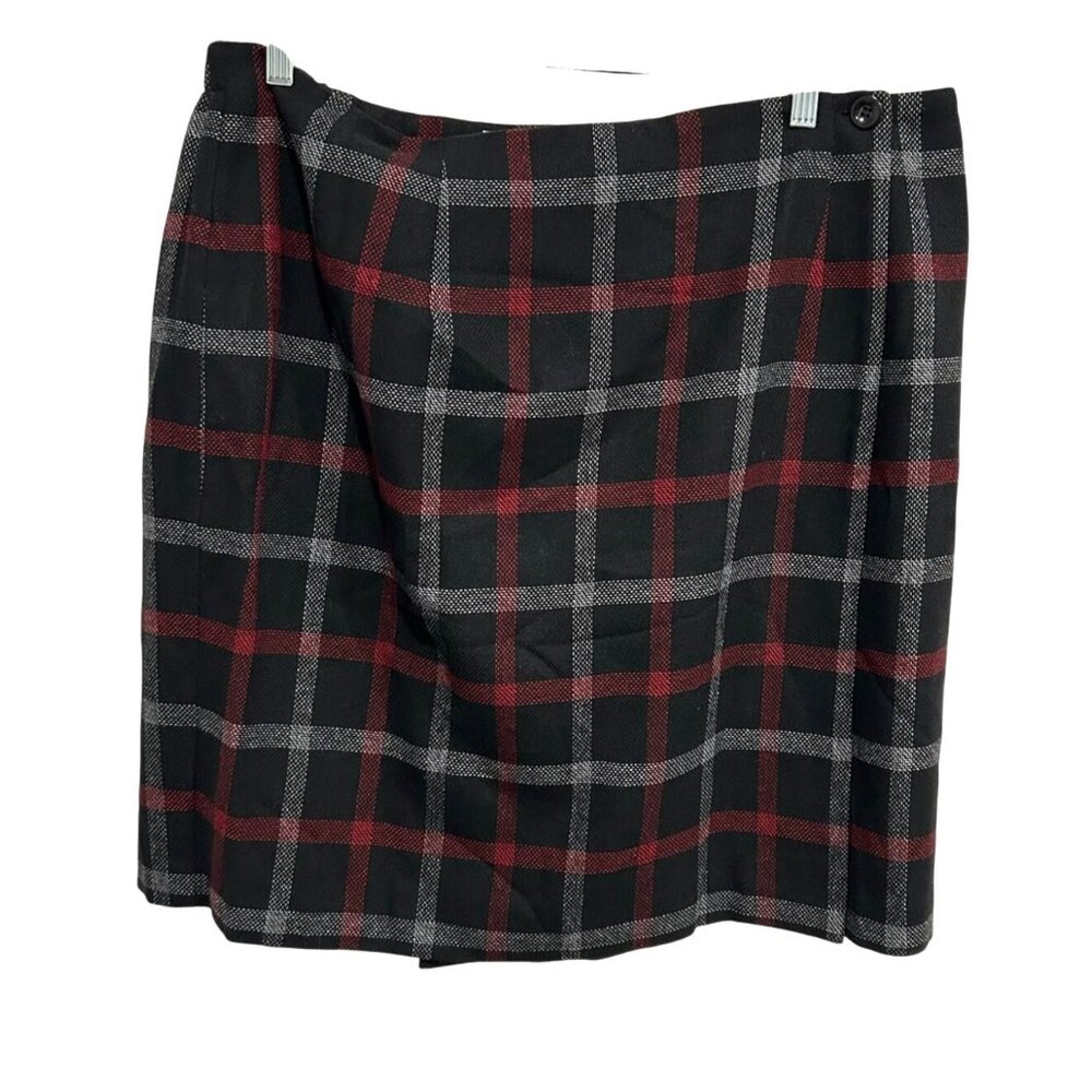 Vintage Worthington Plaid Skirt Black Red Gray Wool Side Button Closure Sz 24